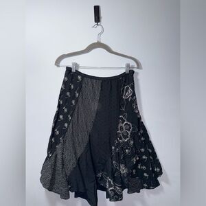 BILA Black Patchwork BOHO Floral Handkerchief Hem Skirt Size M EUC
